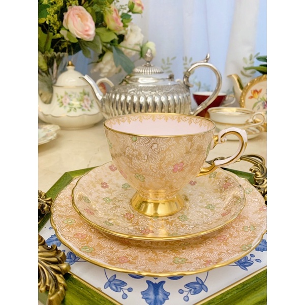 英國骨瓷Tuscan粉色重金手繪花朵咖啡杯盤三件組