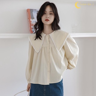 【泡芙小店】早秋法式復古娃娃領長袖襯衫女氣質感翻領上衣泡泡袖米白色襯衣秋