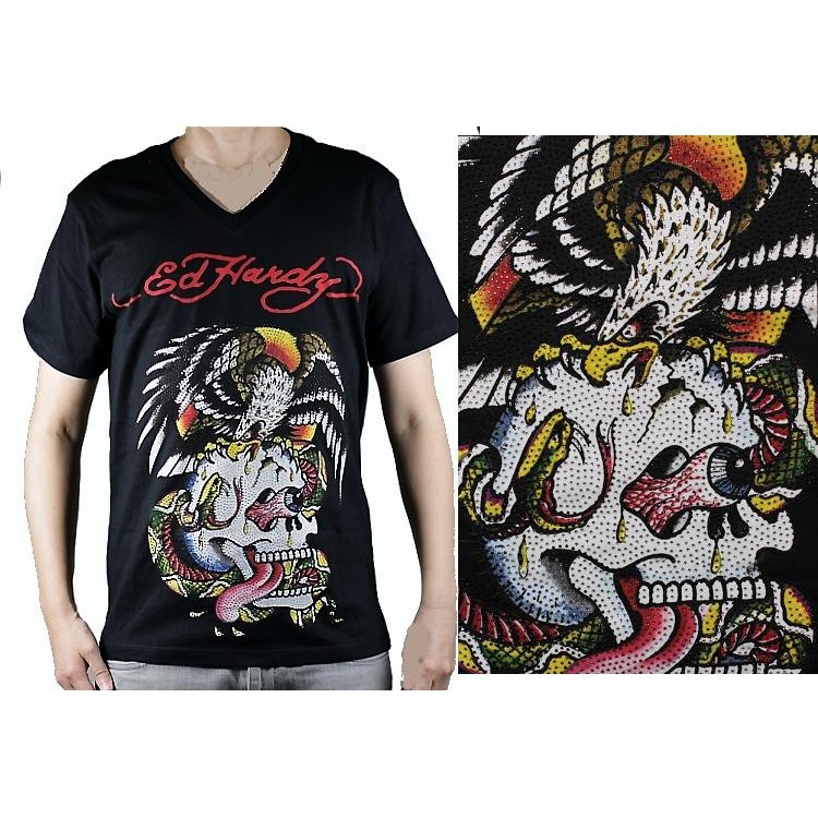 Ed Hardy 短袖 T 恤 V 領 全鑽 老鷹蛇大戰 刺青潮牌 黑色 S M L XL 【以靡專櫃正品】