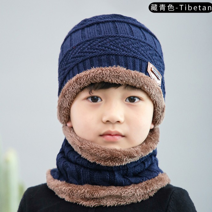 韓版秋冬兒童套頭帽貼布加绒保暖針織毛線帽&amp;圍脖2件套組72380