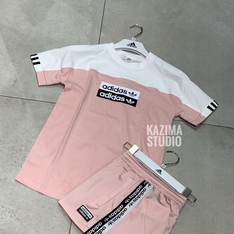 Kazima Adidas Originals 短版 短T 短袖 上衣  短褲 褲 褲子 運動褲 套裝 粉色 白色 串標