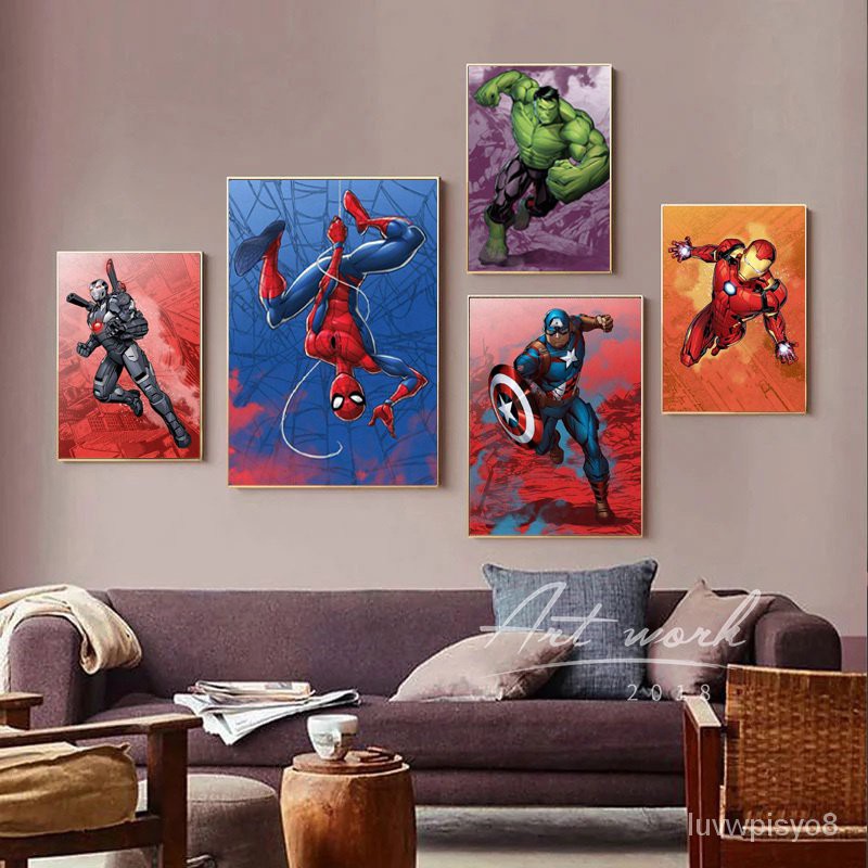 【無需認證】🔥免運🔥復仇者聯盟 漫威英雄 鋼鐵人 蜘蛛人 綠巨人 美國隊長 雷神 卡通圖案壁畫 兒童房掛畫