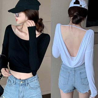🌱Comeandbuy🙋港版性感露背長袖T恤襯衫女初秋新款網紅ins風熱門寬鬆顯瘦上衣潮