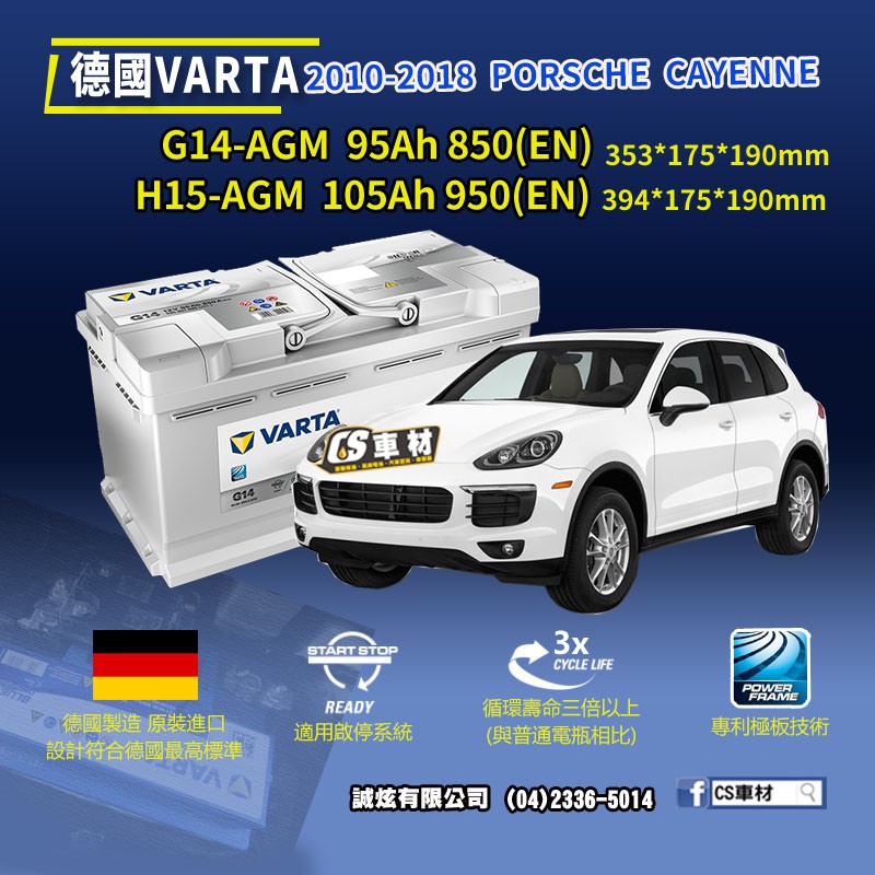 CS車材-VARTA 華達電池 PORSCHE CAYENNE 10-18年 G14 H15 AGM 代客安裝 非韓製