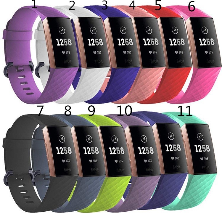 適用於Fitbit Charge 4矽膠表帶 3D菱形紋 charge3/4 素色矽膠替換腕帶  菱紋矽膠運動錶帶 黑扣