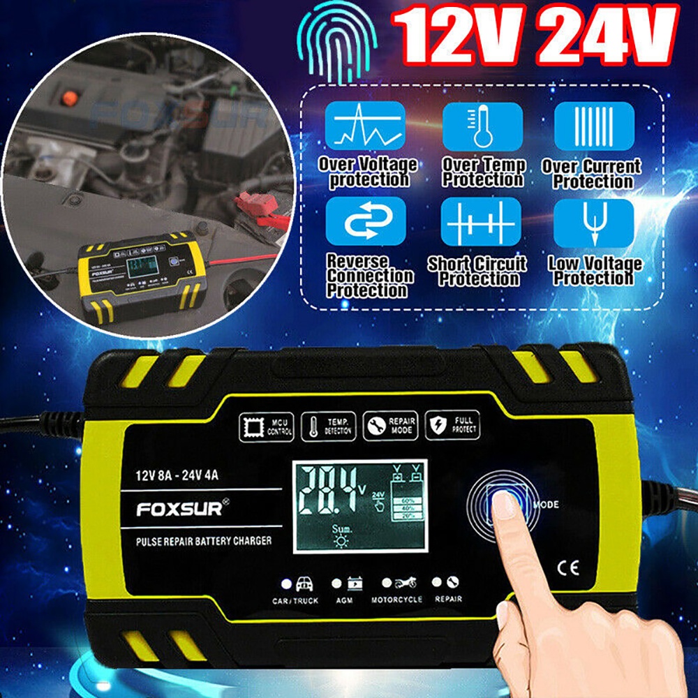車載電池充電器12v 24V 8A 150AH FOXSUR智能指紋傳感器全防反極性自動斷開-正品