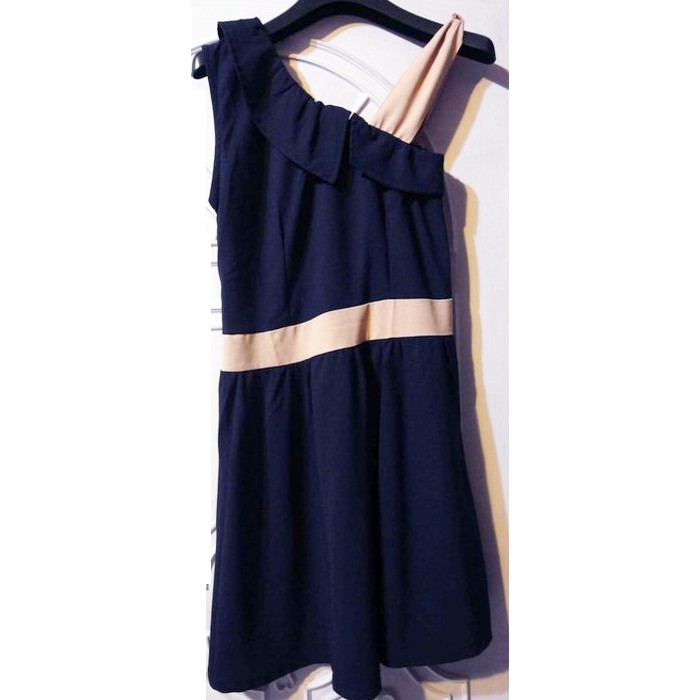 NANA日本古著 露肩 削肩 不對襯 無袖洋裝 短裙 小禮服 深藍撞粉色 (換季出清)