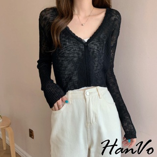 【HanVo】氣質單釦薄針織短版外套 薄外套冷氣房必備空調衫 冰絲涼感透膚外套上衣 女生衣著 A07-1617