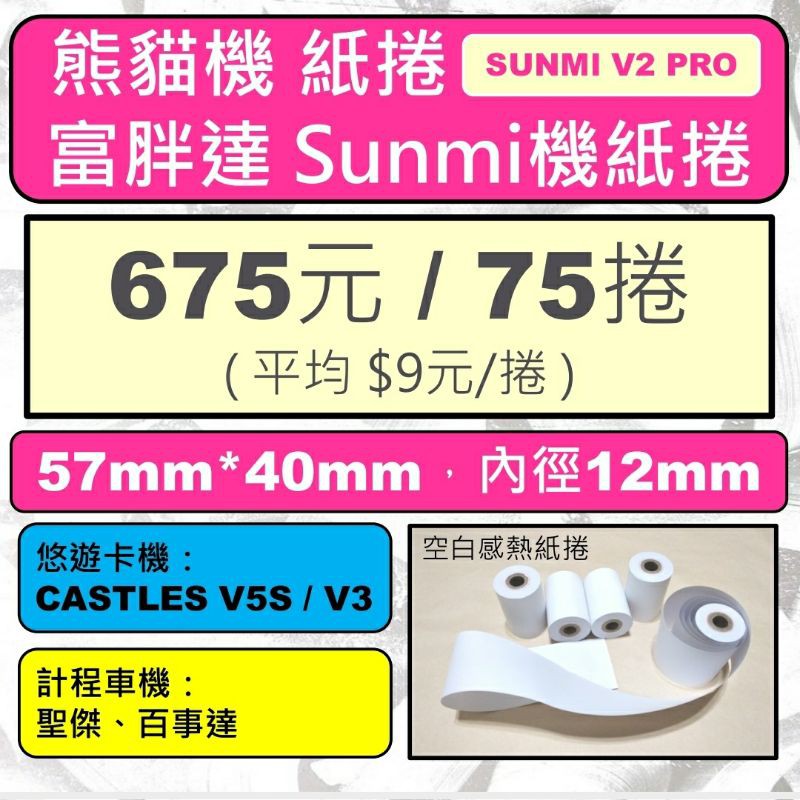 熊貓機/富胖達 Sunmi機 感熱紙捲：57*40*12mm【75捲】，❇️適用：foodpanda Sunmi機