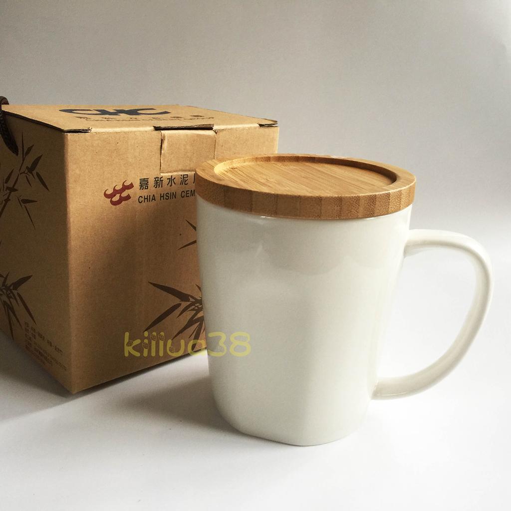 摩卡木蓋杯 380ml 純白陶瓷杯 馬克杯 咖啡杯 孟宗竹材質杯蓋 (股東會紀念品)