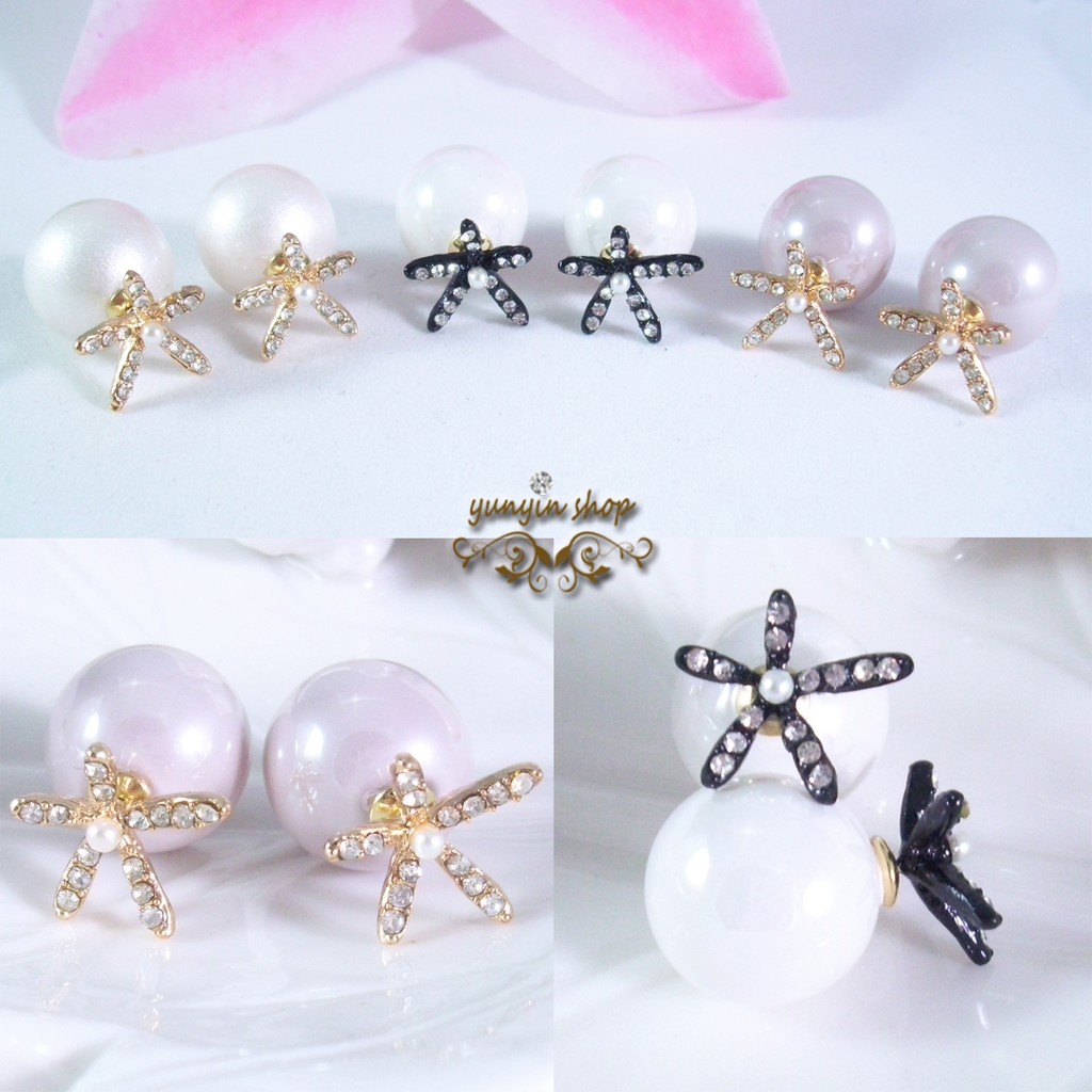 Yunyin SHOP 韓風 耳環 飾品 / 韓版 水鑽珍珠五瓣花兩戴式耳針 後掛耳環 大力丸(E310)