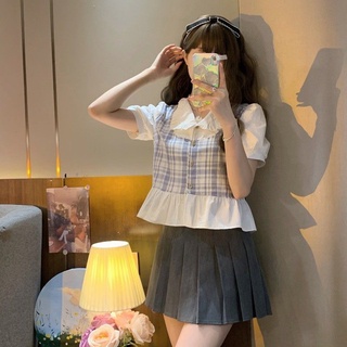 小個子短款拼色格子襯衫設計感小眾娃娃衫短袖上衣2022年夏季天