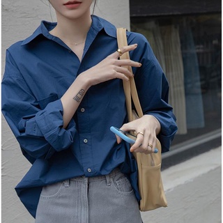 【有貨】韓版藍色襯衫女長袖設計感小眾寬鬆上衣春秋外穿百搭港風復古鹽系襯衣