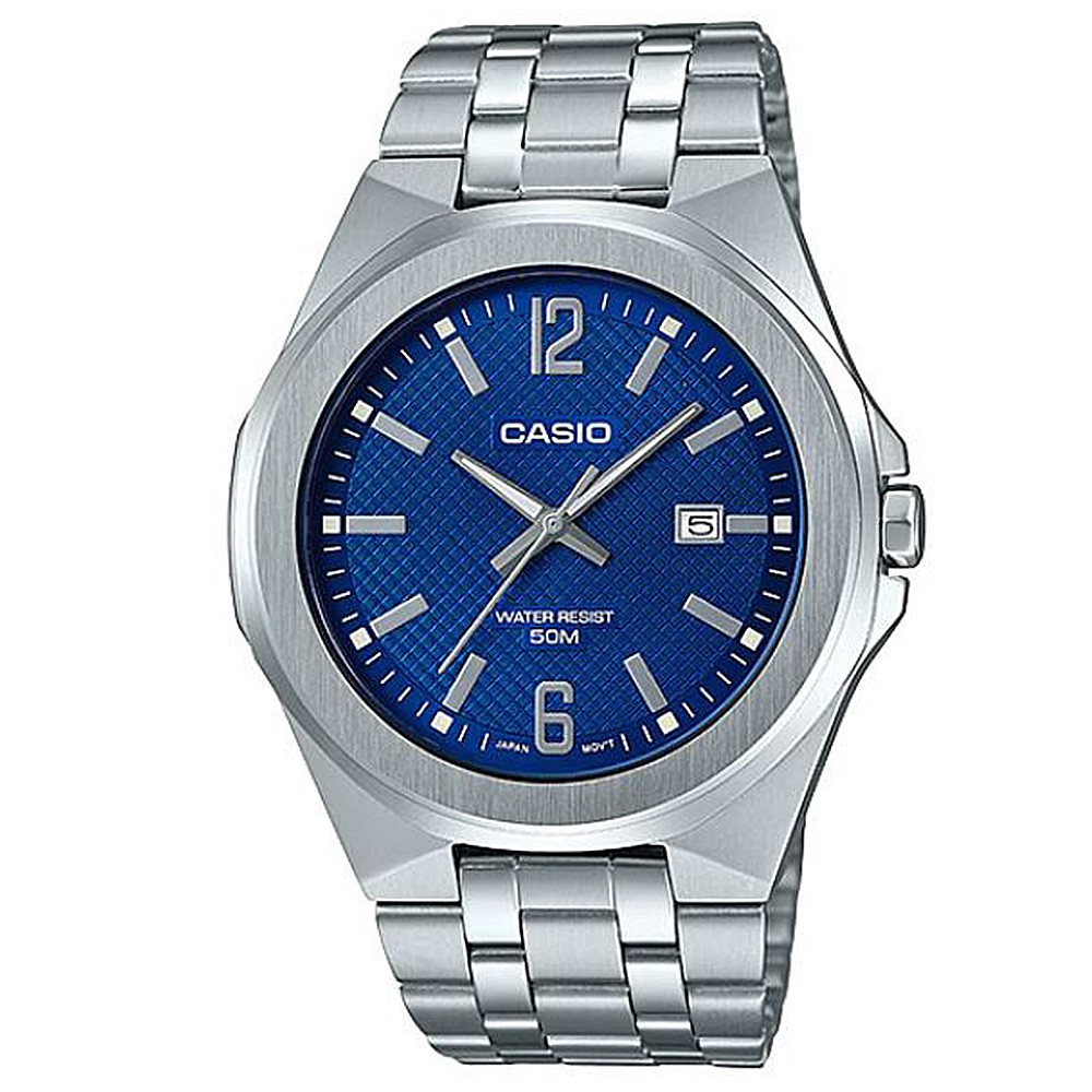 【CASIO】超簡約蛇紋錶面不鏽鋼腕錶-藍面(MTP-E158D-2A)正版宏崑公司貨