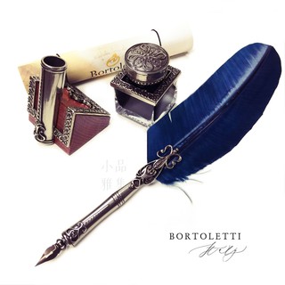 =小品雅集= 義大利 Bortoletti Set82 羽毛沾水筆+筆座+30ml黑色墨水一瓶（綠松石藍羽毛）