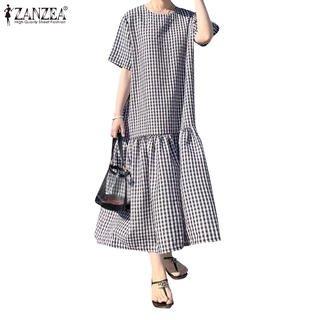 ZANZEA女士休閒網格印花短袖分層式超長連衣裙