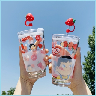 🌟【掌櫃熱薦】🍹 日式草莓吸管玻璃杯 帶刻度可愛少女心 大容量水杯子 學生早餐牛奶咖啡燕麥杯 飲品飲料冷飲杯kobe