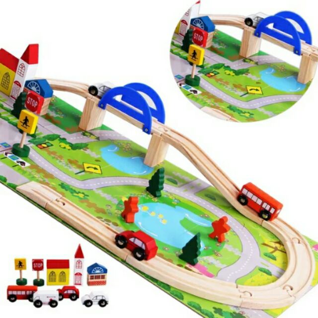 木製40PC 軌道立交橋交通場景城市組合積木質木頭玩具 拆裝拼裝火車軌道兒童玩具小汽車