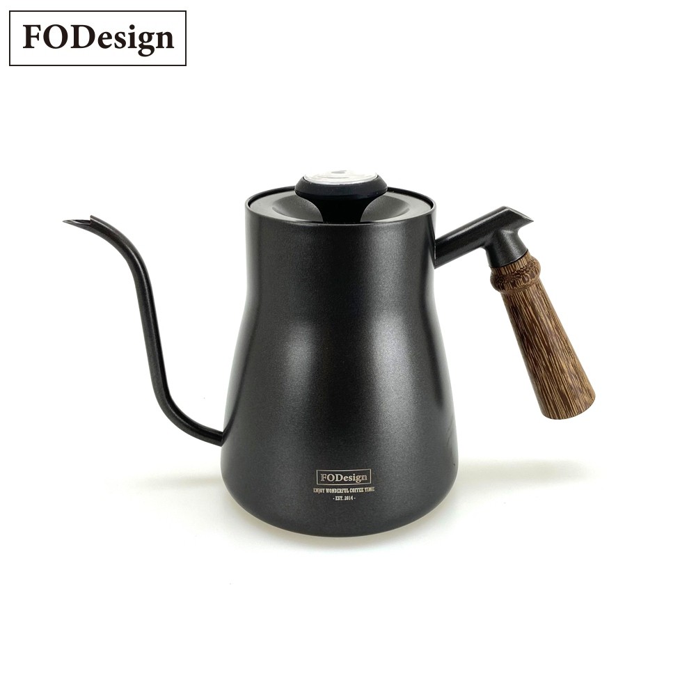 (福利品)FODesign【木柄手沖咖啡壺】 含溫度計 不鏽鋼 細口壺 實木把手 雷雕LOGO 居家 辦公 戶外 露營