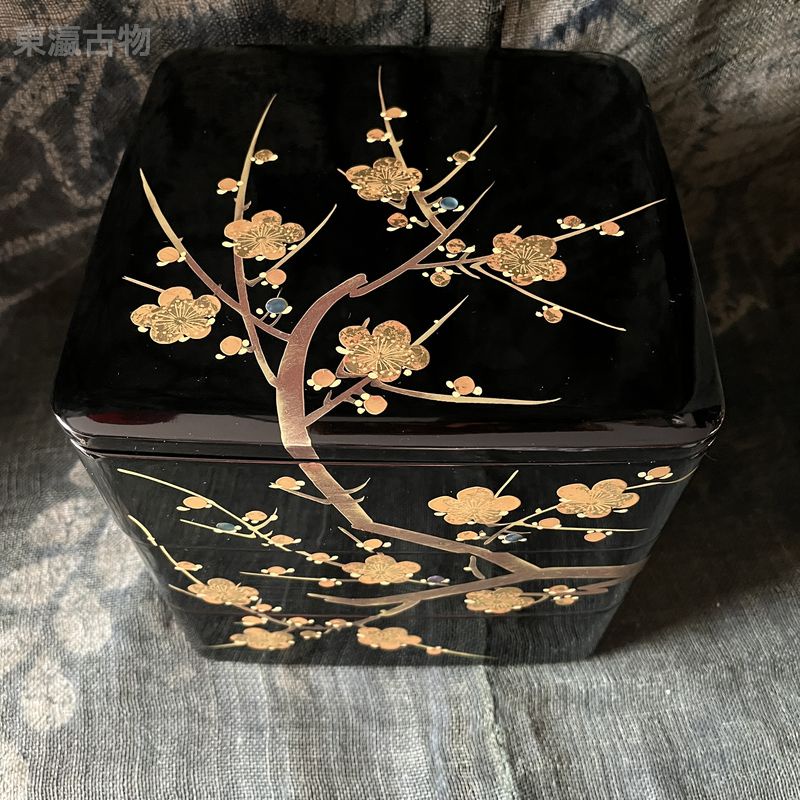 【東瀛古物】 日本制 金彩鑲貝漆器盒 木製漆盒點心盒 外帶盒 便當盒 梅花圖 C87