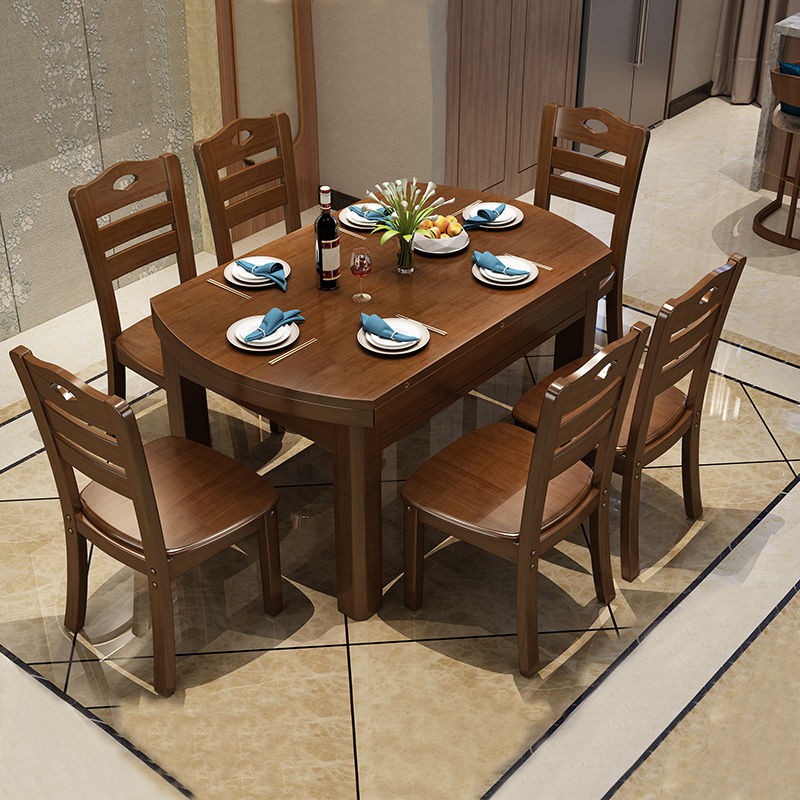 熱賣#實木餐桌餐椅組合現代中式可折疊長方形飯桌6人桌8人桌多功能圓桌