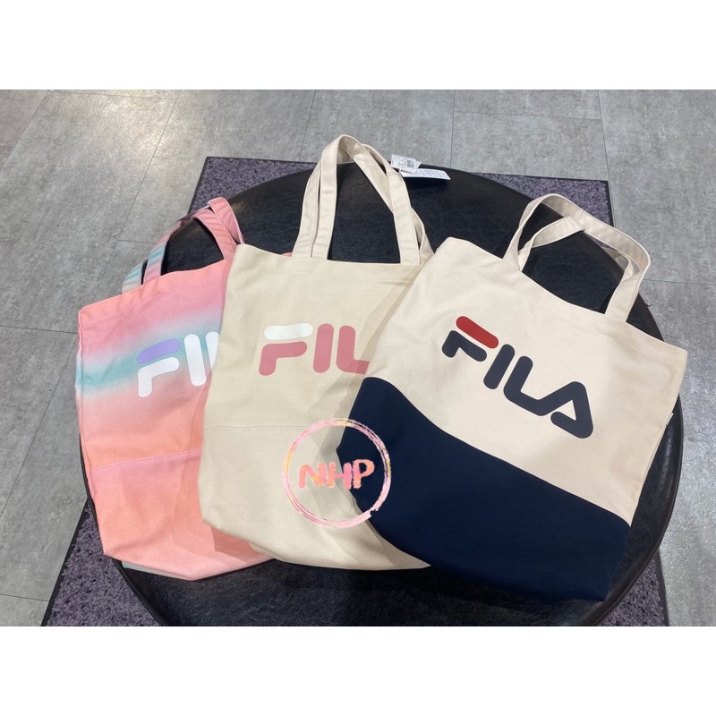 Fila 手提袋購物袋漸層粉藍米色米藍隨身輕便帆布袋休閒復古百搭 蝦皮購物