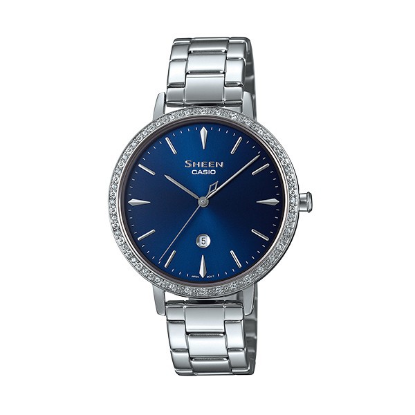 CASIO卡西歐 SHEEN SHE-4535YD-2A高質感藍寶石鏡面，施華洛世奇裝飾錶圈/復古藍面34.3mm