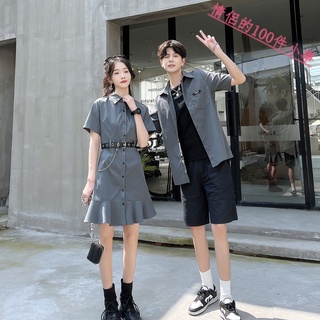 【COUPLE】❗❗❗不一樣的精緻灰裙學院風短袖工裝連衣裙你衣我裙設計感情侶裝
