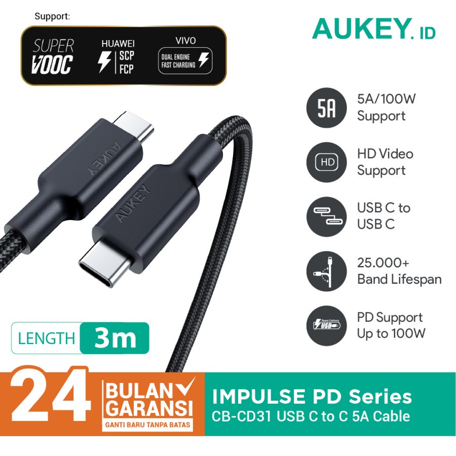 3m Type CB-CD31 5A Aukey 充電器電纜 500866