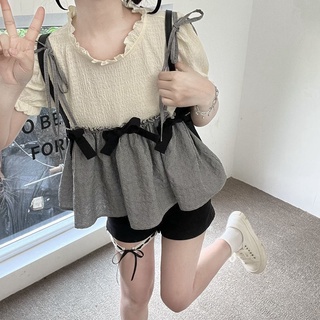 日系甜美減齡蝴蝶結系帶圓領假兩件上衣百搭拼接短袖襯衫