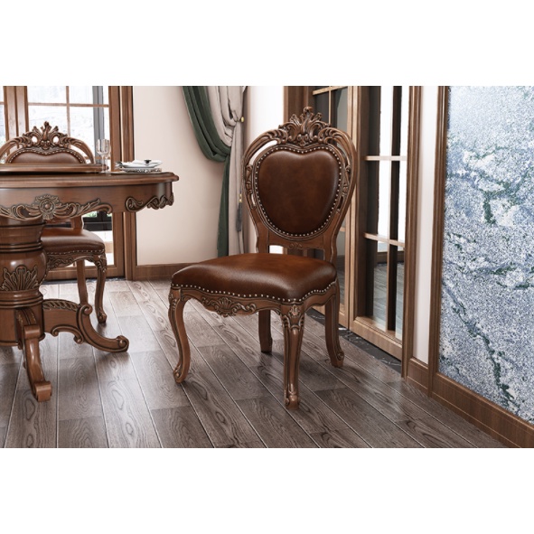 奧克維爾美式全實木真皮餐椅牛皮雙扶手手工雕花歐式餐桌椅