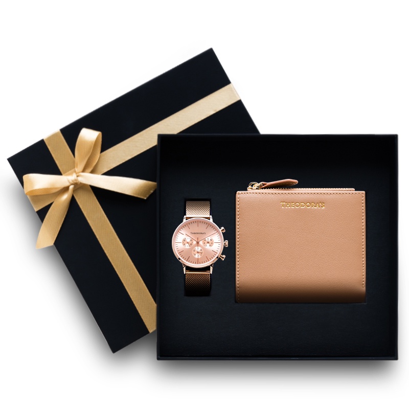【THEODORA'S】手錶皮夾禮盒-Apollo 女款短夾奶茶【希奧朵拉】