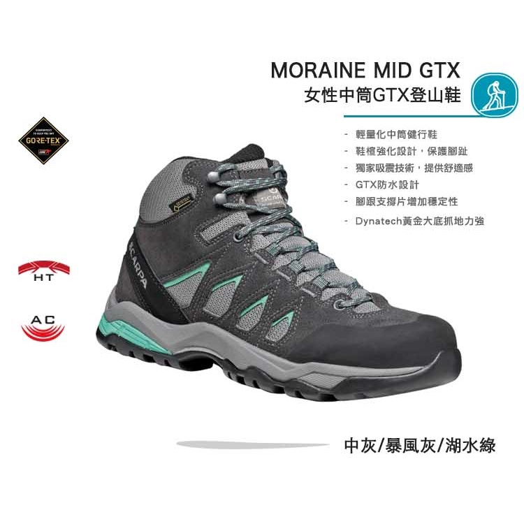 飛岳戶外-義大利【SCARPA】MORAINE MID GTX WMN 女款中筒GTX登山鞋 中灰/暴風灰/潟湖綠