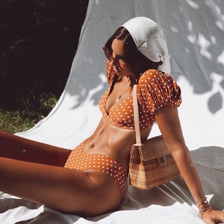六月新款歐美比基尼橘色性感泡泡袖波點V領兩件式bikini泳衣