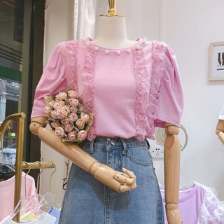重工質感夢幻甜美蕾絲珍珠圓領泡泡袖短袖上衣VINASHOP
