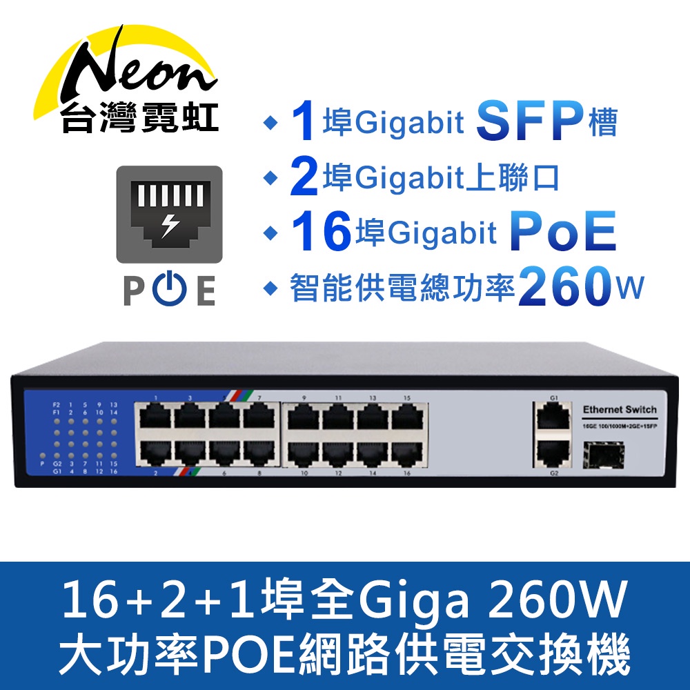 台灣霓虹 16+2+1埠全Giga 260W大功率POE網路供電交換機 機架型 安防監控專用 IPCAM監視器攝影機周邊