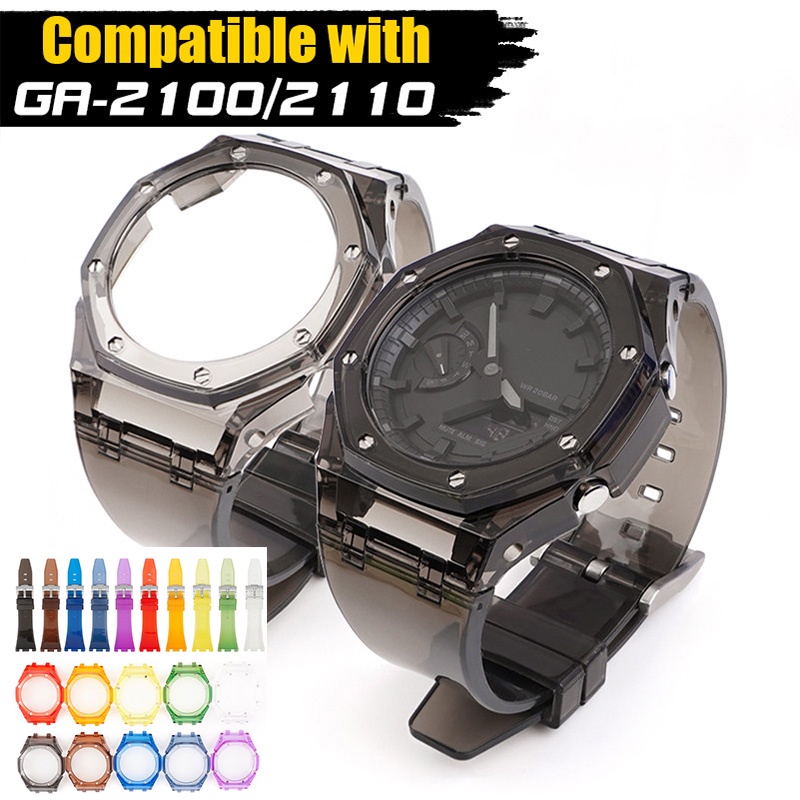 卡西歐 G-SHOCK GA-2100 2110 改裝透明農場橡木錶帶表圈運動矽膠手鍊配件錶帶 + 錶殼