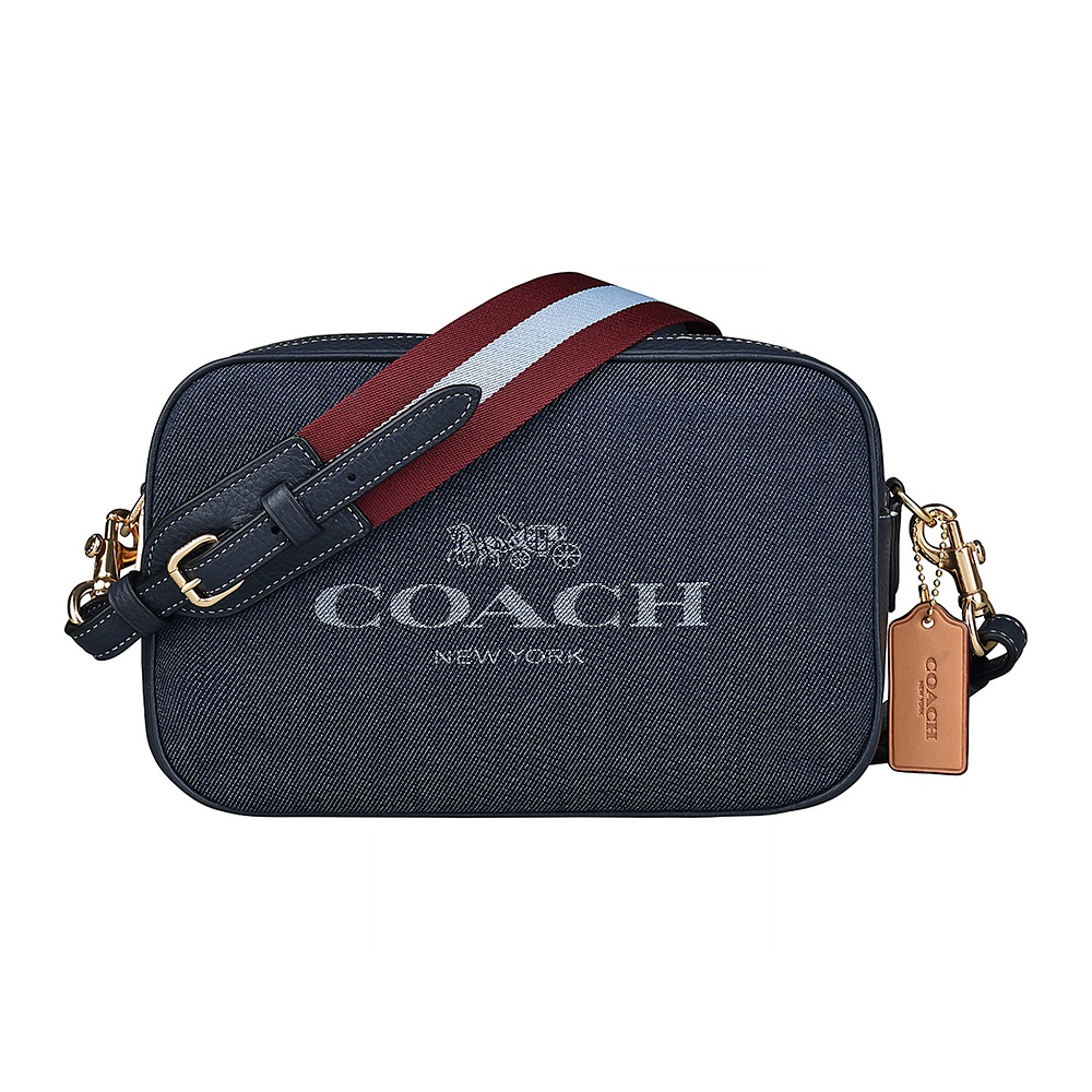 COACH JES字母馬車LOGO條紋寬背帶牛仔布雙拉鍊斜背包(沉穩藍)