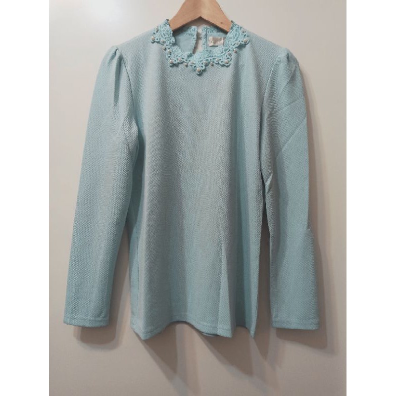 轉賣 東京著衣 YOCO 珍珠蕾絲領素色上衣 藍色M號(052)