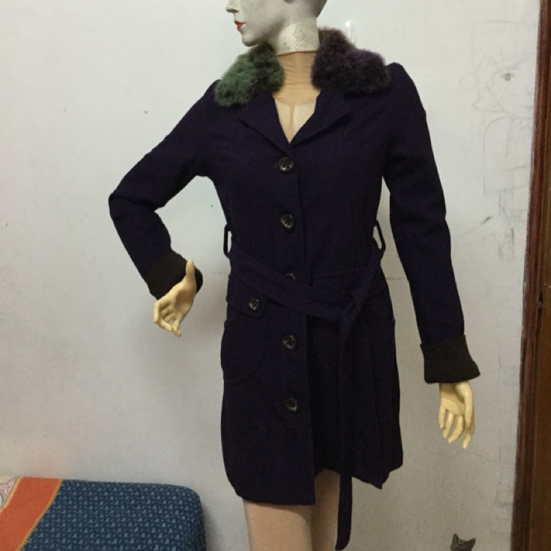 全新CHIU SHUI HUNZ TAN品牌9號深紫色羊毛大衣