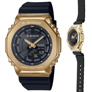 【CASIO 卡西歐】G-SHOCK 時尚經典八角形農家橡樹金屬錶殼雙顯錶-黑金(GM-S2100GB-1A)