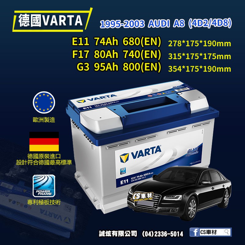 CS車材 - VARTA 華達電池 AUDI A8 (4D2/4D8) 95-03年 E11 F17...  代客安裝