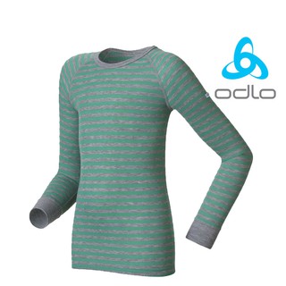 ODLO 瑞士 兒童 長袖圓領保暖排汗內衣 銀纖維 發熱衣 內刷毛 綠/灰條128cm 10459-40042 綠野山房