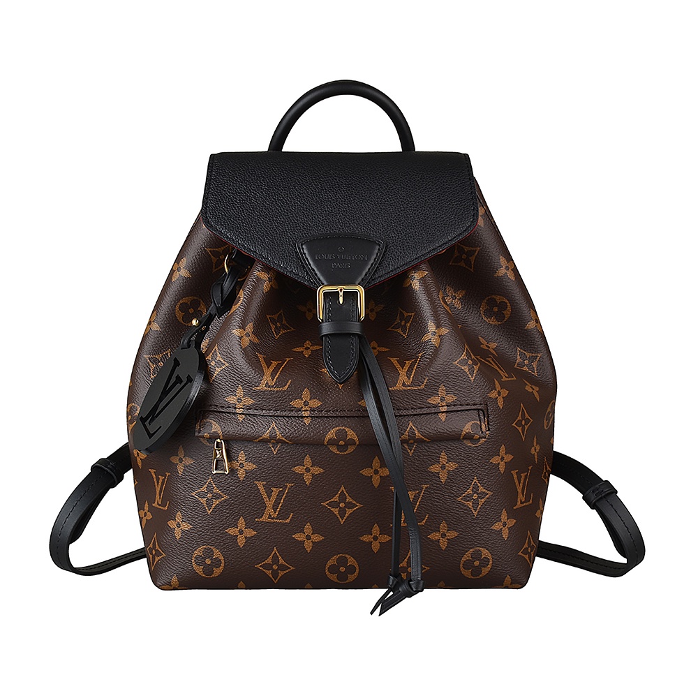 LV M45515 MONTSOURIS PM花紋LOGO牛皮扣式束口後背包(咖啡x黑)