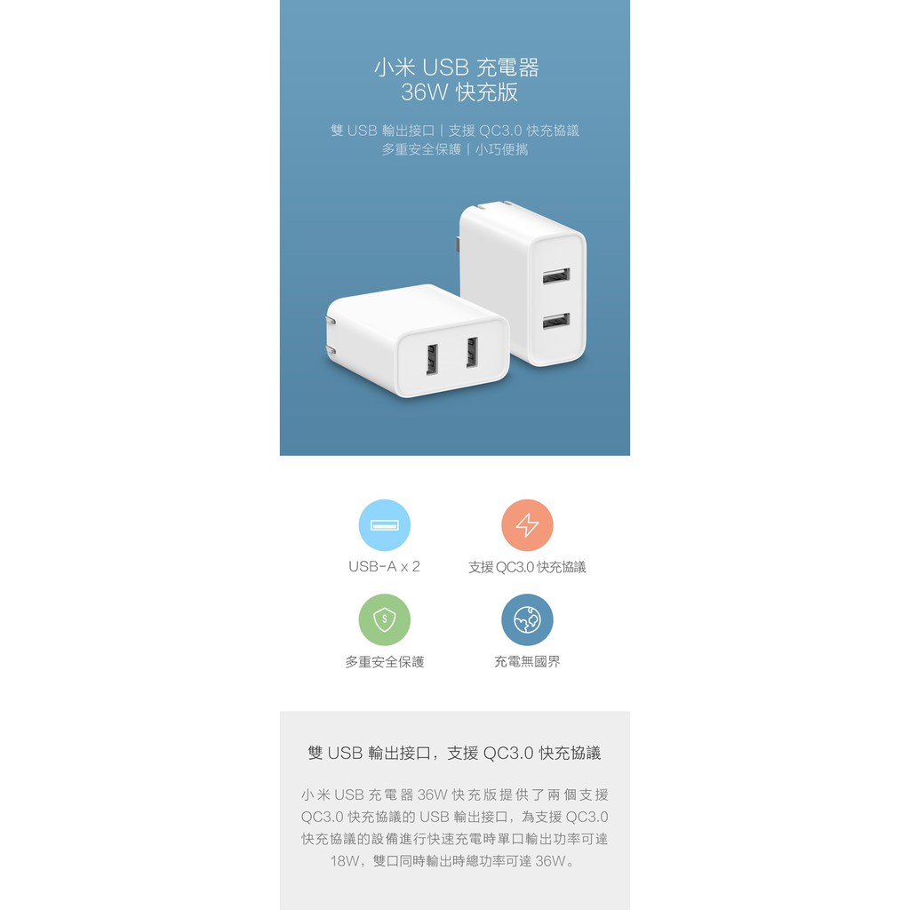小米 USB 充電器 36W 快充版 台灣公司貨 (二手) 2個USB-A  支援QC3.0