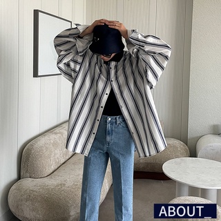 【ABOUT_歐巴】領子配色有型直條紋長袖襯衫 韓 長袖上衣 休閒襯衫 ins 潮流 寬鬆 工裝 外套 男