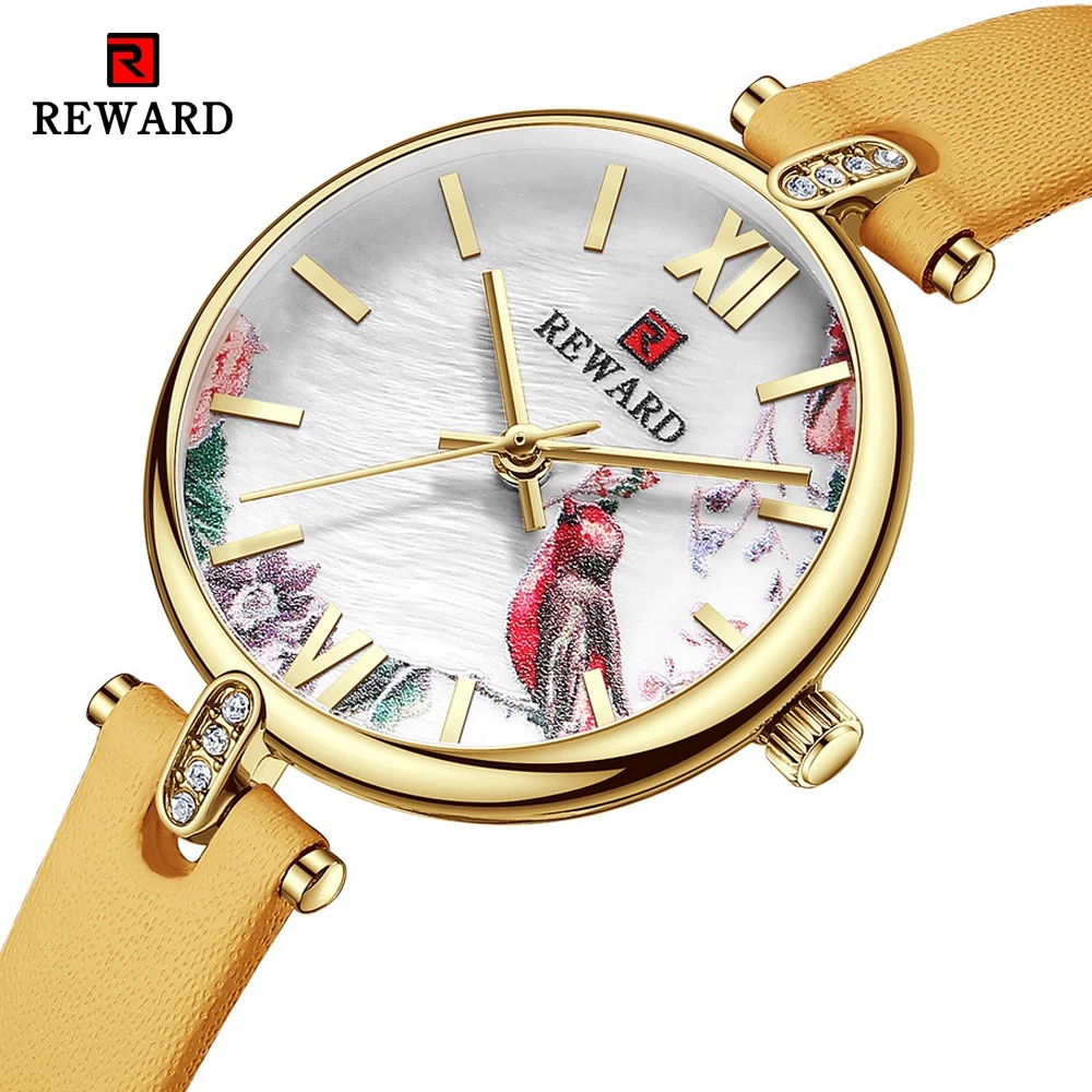 Reward 頂級品牌奢華女士手錶時尚休閒奢華禮服水鑽手錶防水真皮錶帶手錶