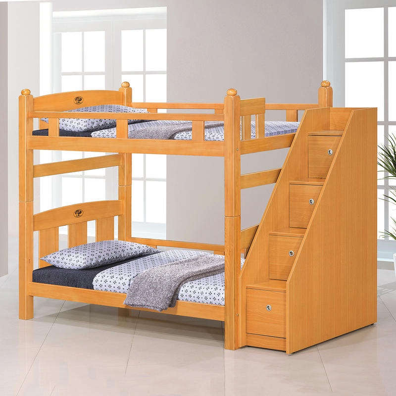 23 輕鬆購 葛萊美檜木色3.5尺雙層床 上下舖雙人床架~全組含收納樓梯 GD609-4