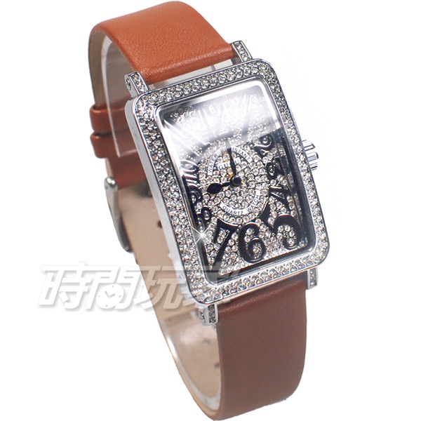 香港古歐 GUOU G8201銀淺咖 閃耀時尚腕錶 滿鑽數字錶 長方型 真皮皮革錶帶 銀x淺咖啡【時間玩家】