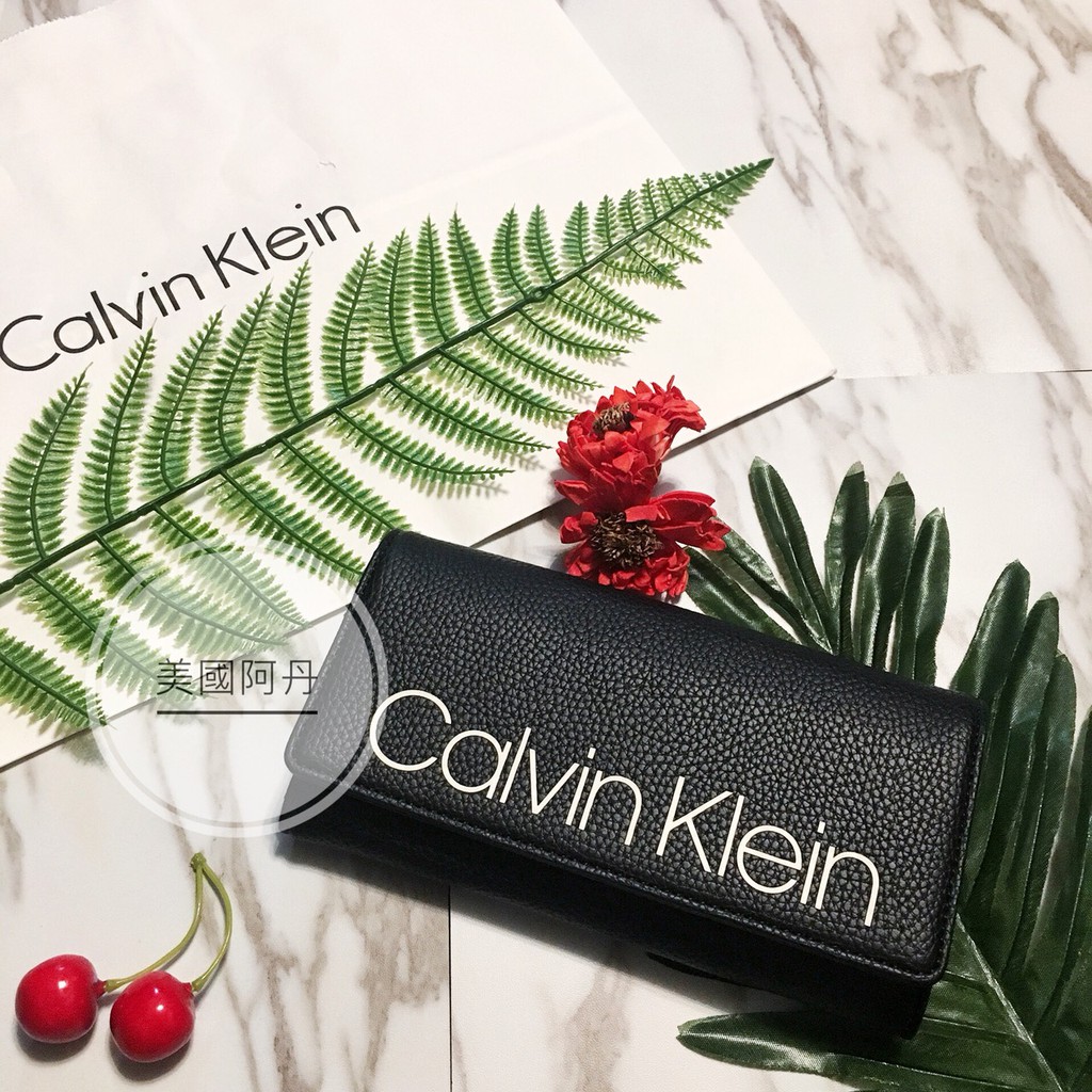 『美國阿丹』 Calvin Klein CK 經典基本款女生長夾 羊皮 現貨(18卡+1拉鍊袋+三側袋+2夾層)
